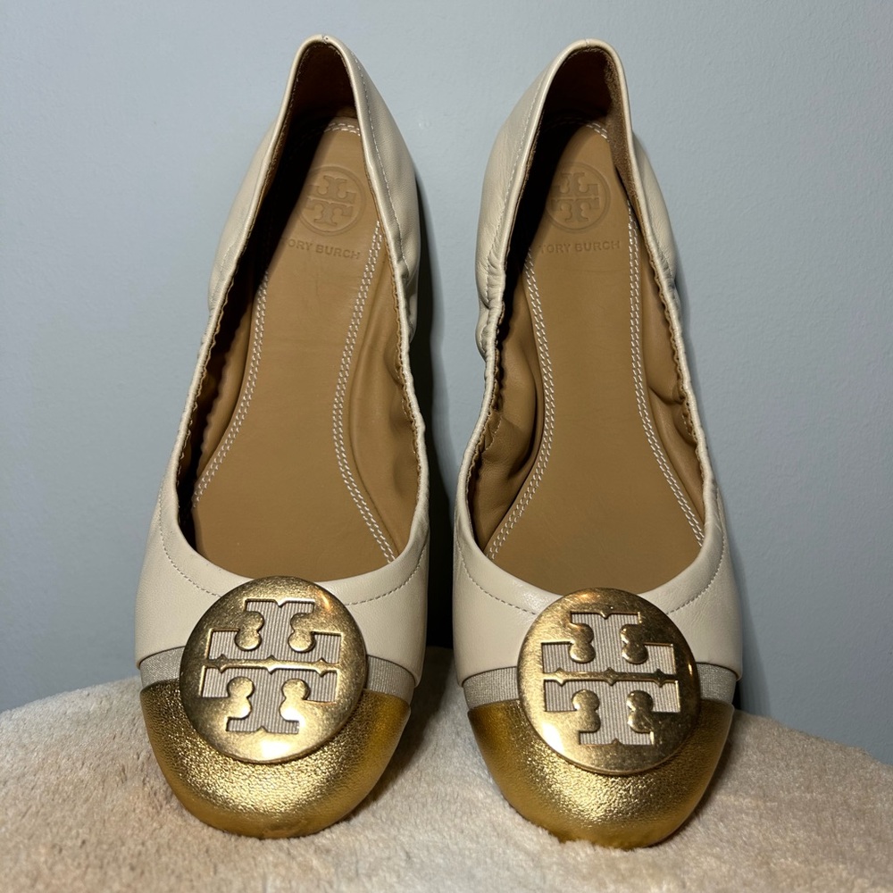 Tory Burch Flats 💛 Gold 💛 Rare Minnie Cap Toe Dulce de Leche